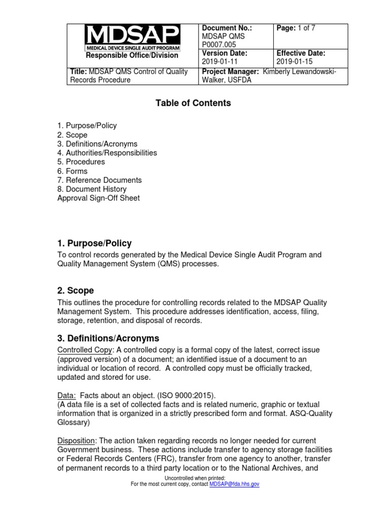 Control of Quality Records for the Medical Device Single Audit Program