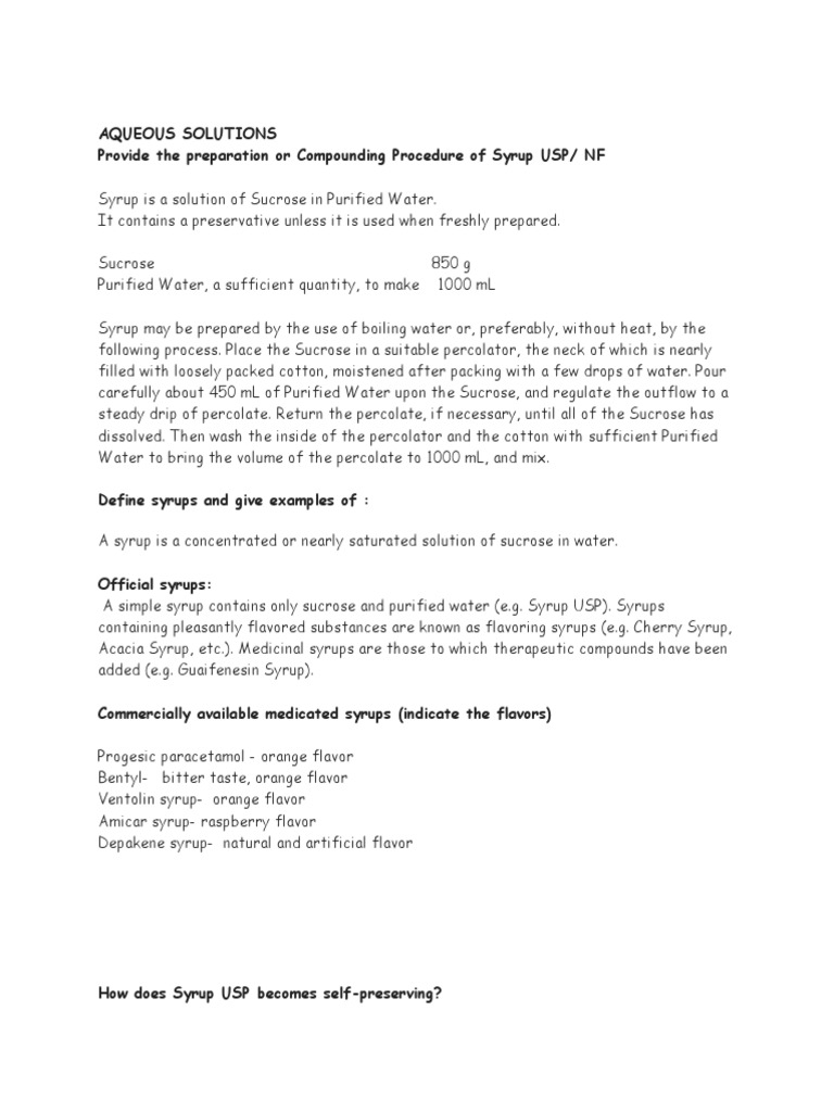 Aqueous Solutions Provide The Preparation or Compounding Procedure of