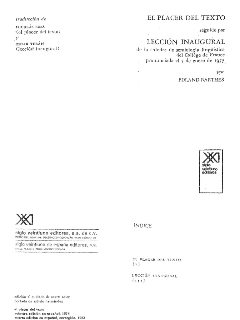 Roland Barthes El Placer Del Texto y Leccion Inaugural PDF | PDF