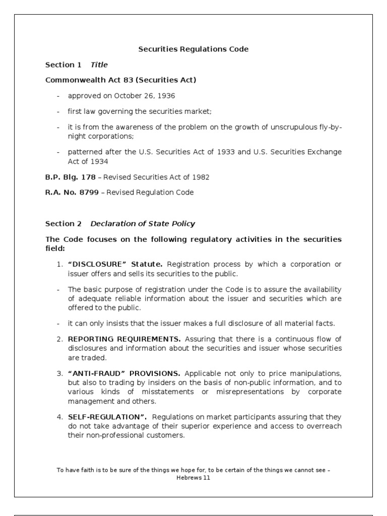 Securities Regulations Code. notes sec 115 Securities (Finance) U