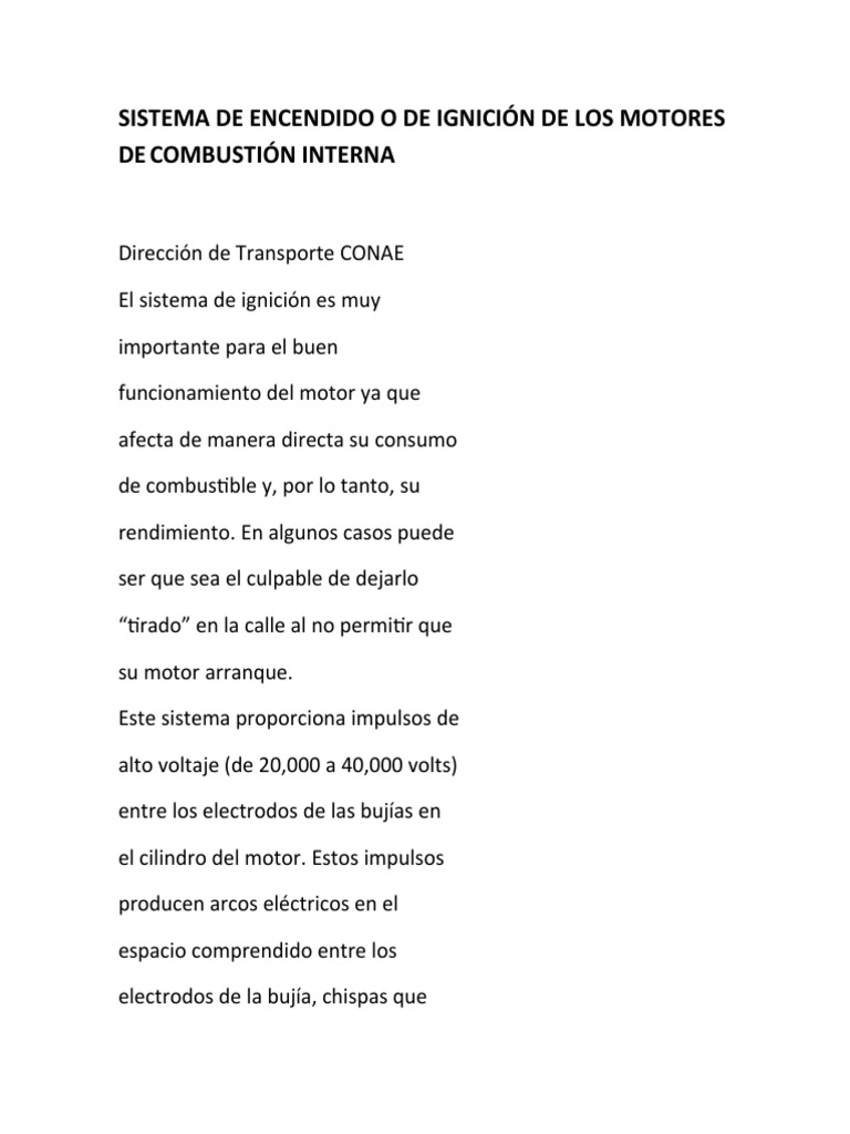 Sistema de Encendido o de Ignición de Los Motores de Combustión Interna ...