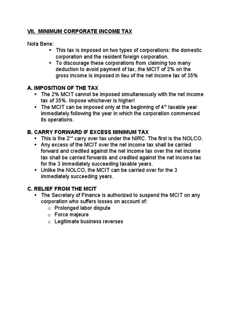 Minimum Corporate Income Tax Overview | PDF