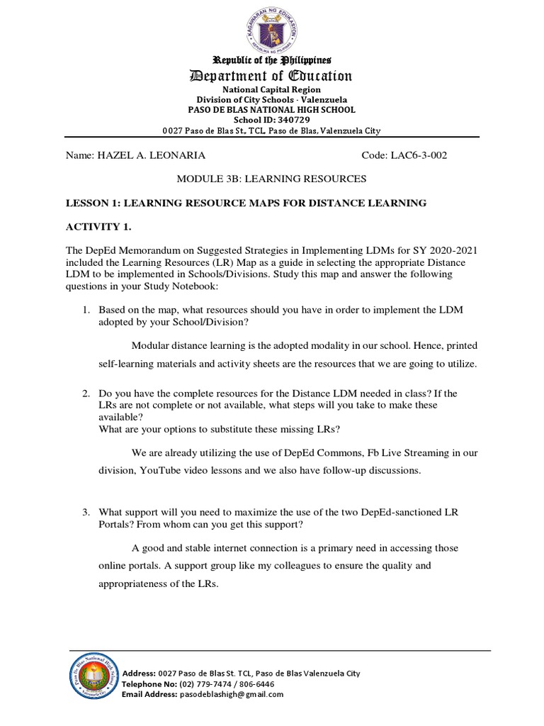 Department of Education Lesson 1 Learning Resource Maps For Distance
