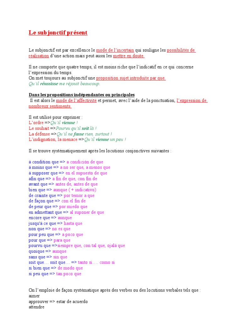 Le Subjonctif Présent Exercices Corrigés 4ème Pdf Le Subjonctif Présent | PDF | Verbe | Typologie linguistique