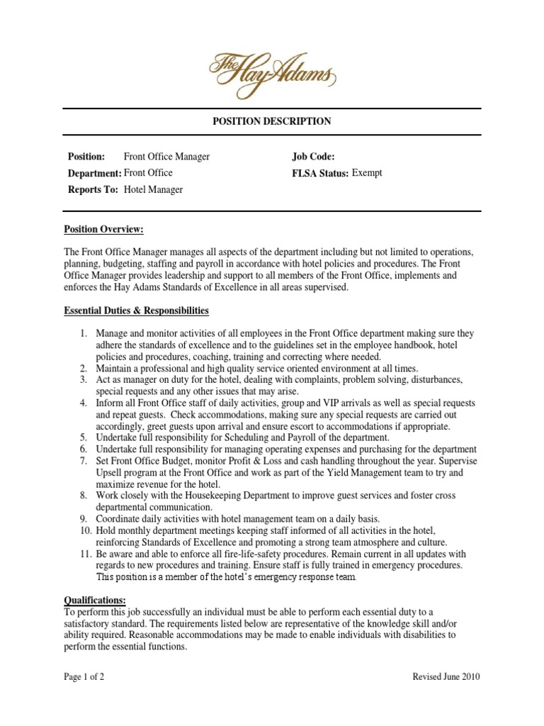 Front Office Manager Job Description Free PDF Download PDF