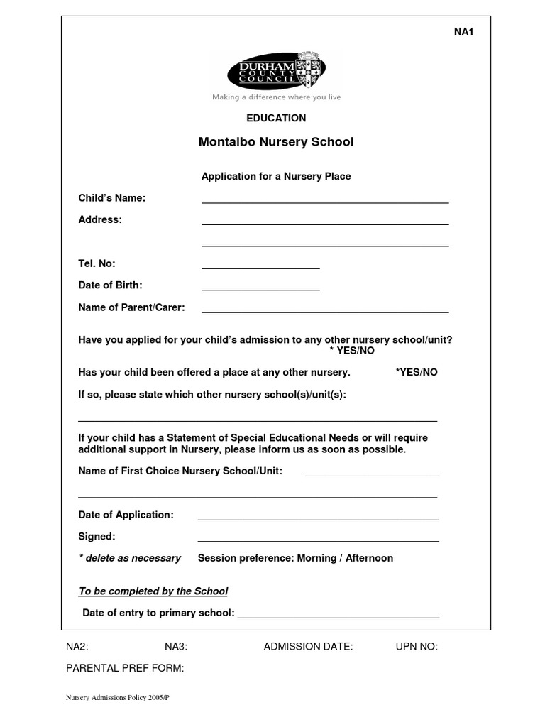 Nursery Application Form PDF