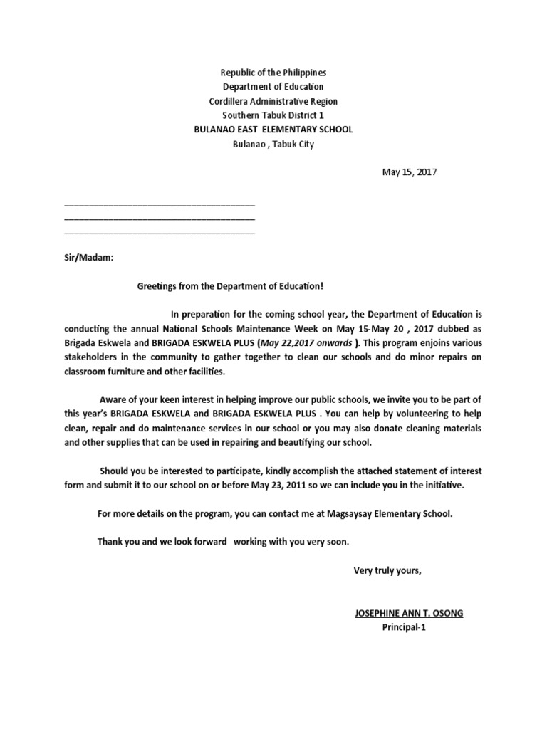 Letter Of Invitation Brigada Eskwela Pdf