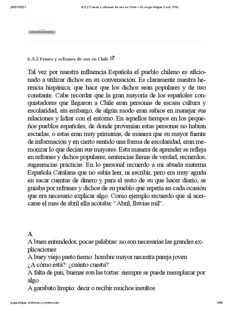 Frases Y Refranes De Uso En Chile Dr Jorge Artigas Coch Phd Pdf