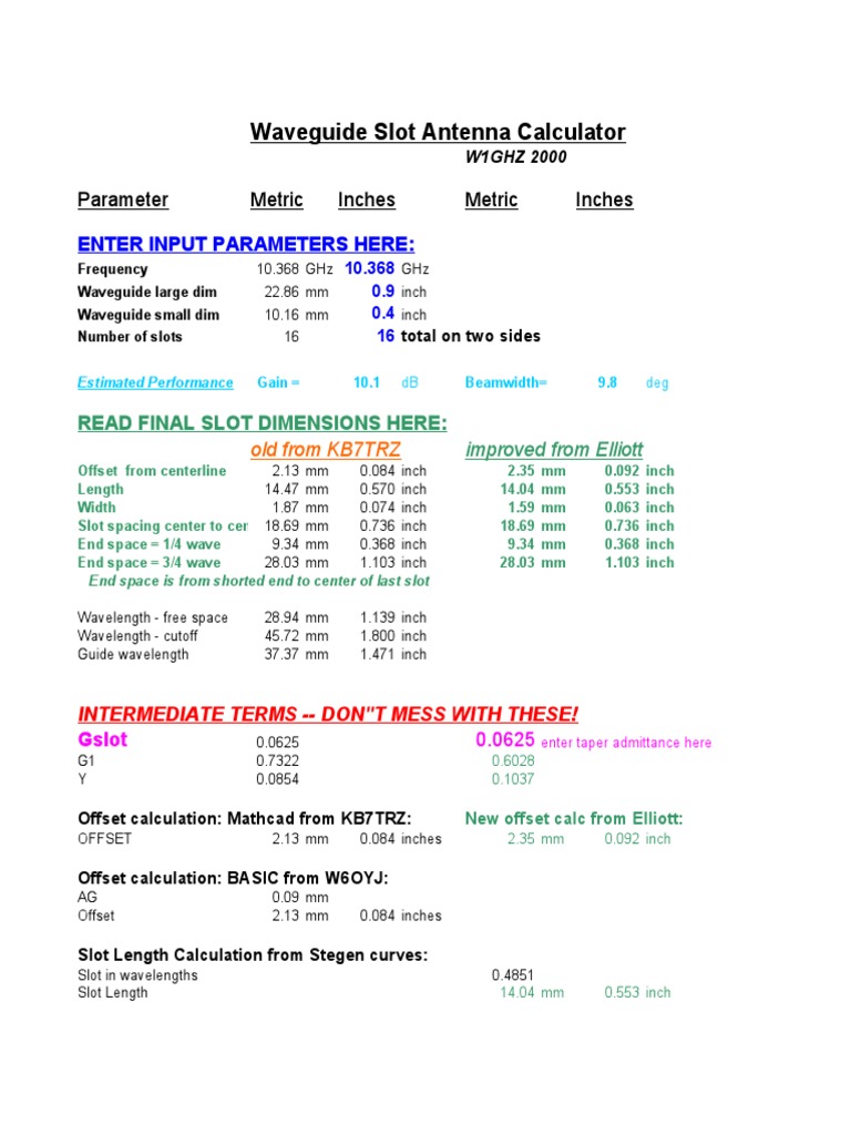Waveguide Slot Antenna Calculator Parameter Metric Inches Metric