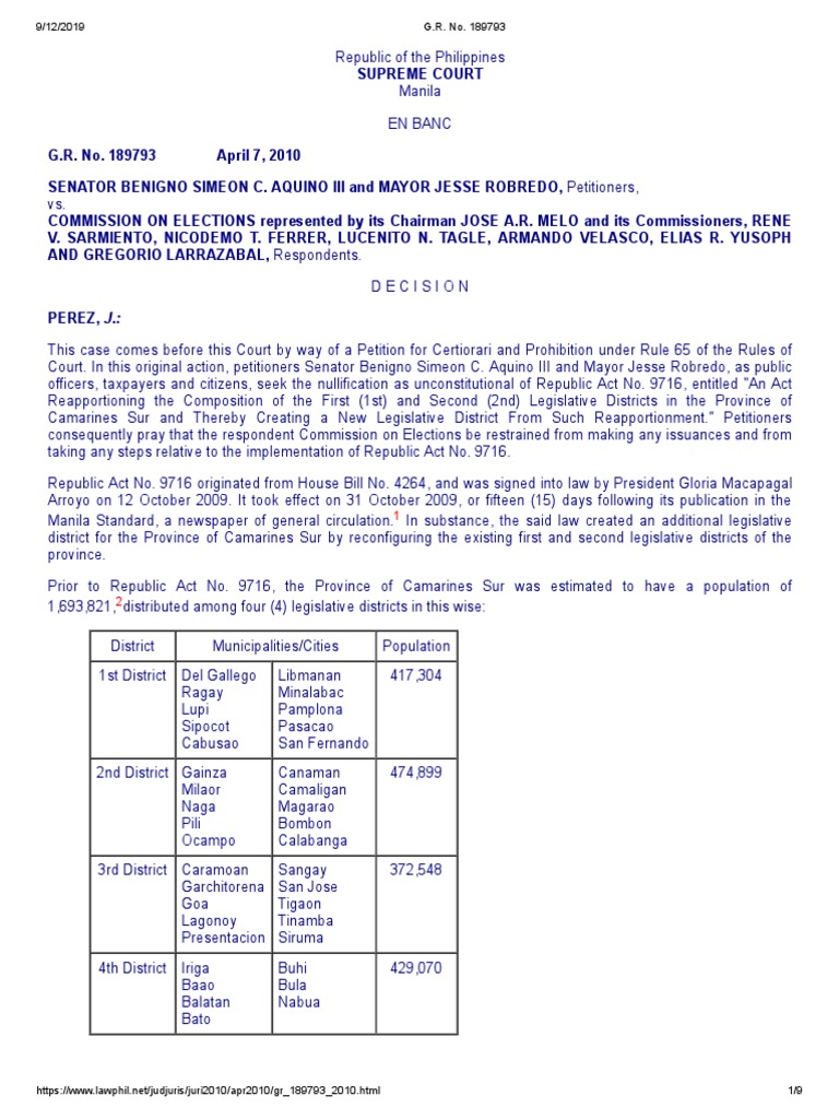Aquino iii vs comelec g r no 189793 pdf standing law writ of