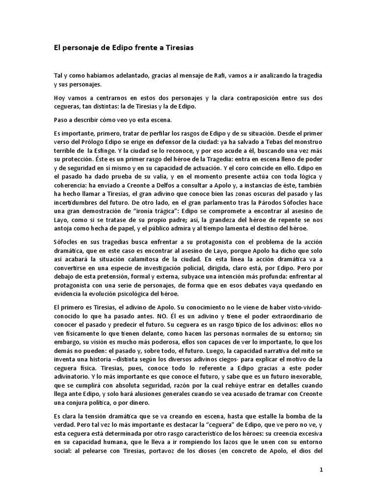 El Personaje de Edipo Frente A Tiresias PDF Edipo Sófocles