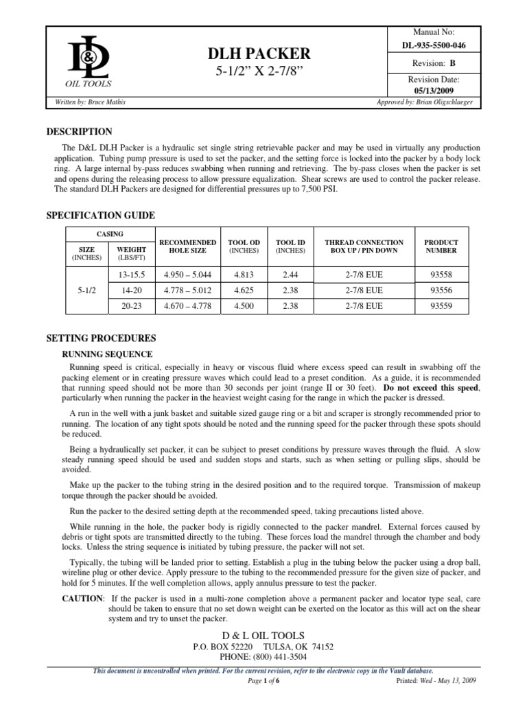 DLH Packer Description PDF Pipe (Fluid Conveyance) Equipment