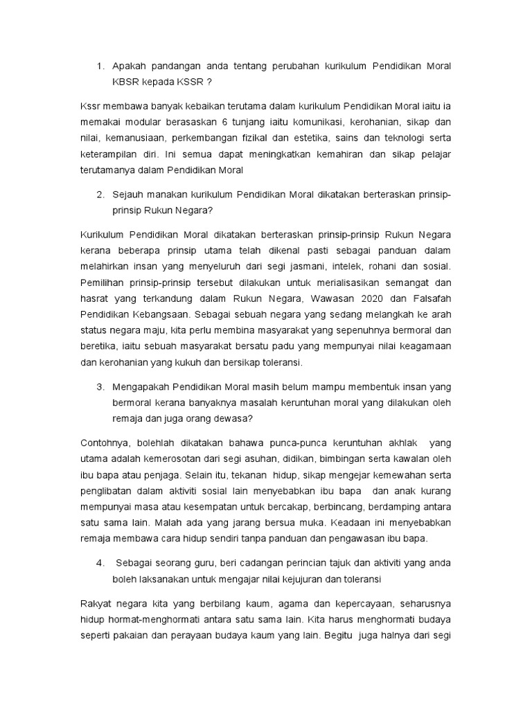 Apakah Pandangan Anda Tentang Perubahan Kurikulum Pendidikan Moral Kbsr Kepada Kssr Pdf
