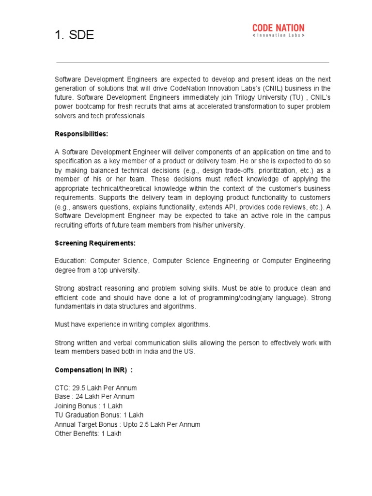 SDE and SDE Intern Job Description PDF