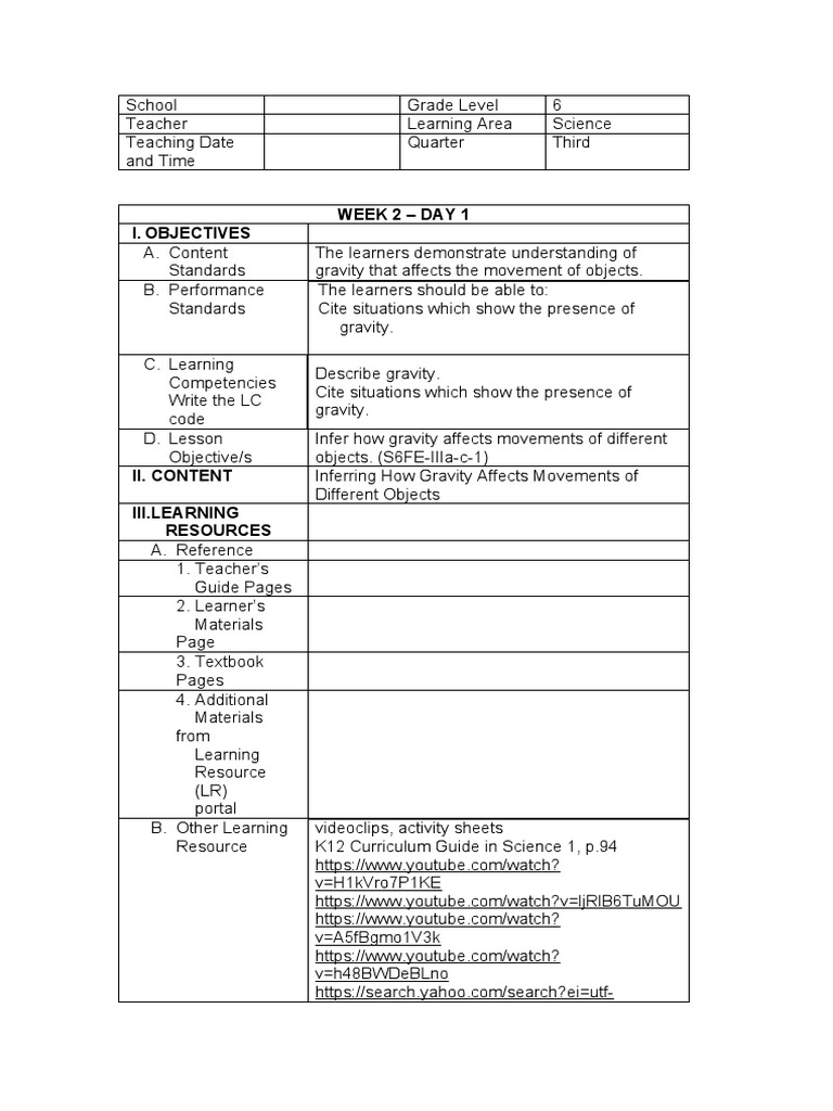 Week 2 - Day 1 I. Objectives | PDF | Gravity | Force