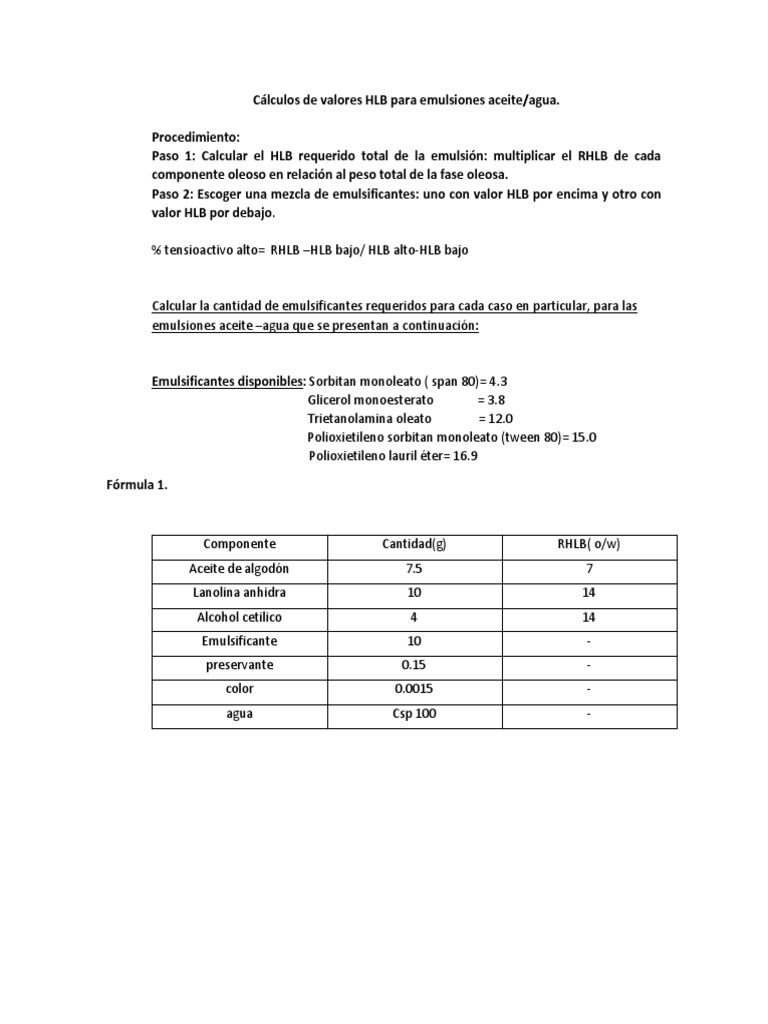 Cálculos de Valores HLB para Emulsiones Aceite Agua | PDF | Emulsión |  Glicerol
