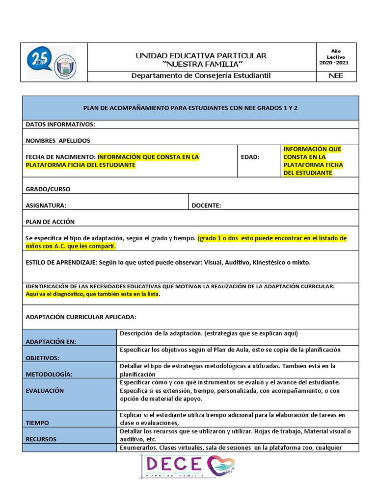 Plan de Acompañamiento NEE Grados 1 y 2 | PDF | Planificación | Enseñando