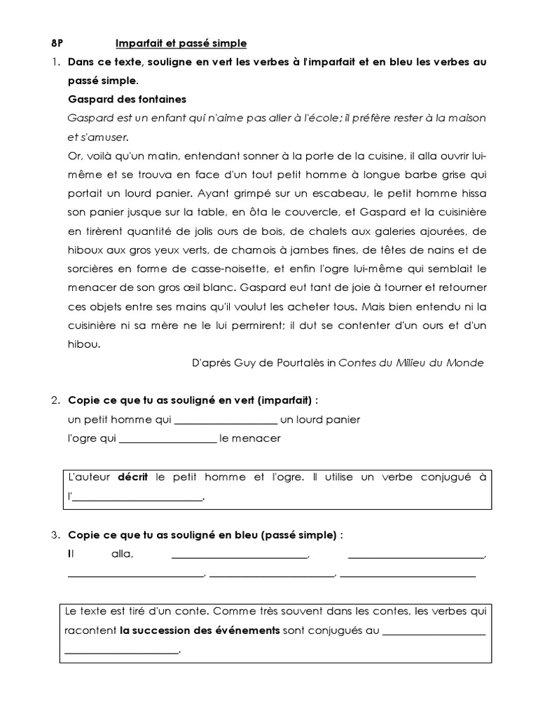 Dictée 6ème Passé Simple Et Imparfait 8p Imparfait Et Passe Simple | PDF
