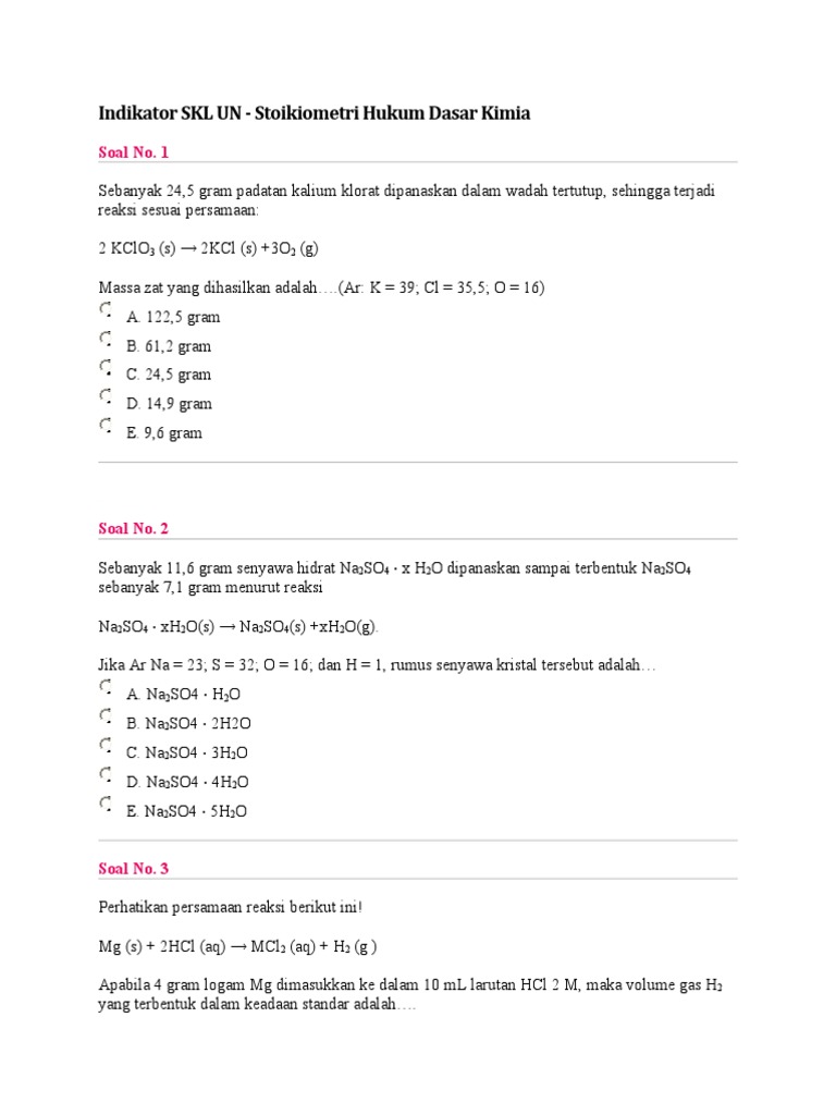 Soal Stoikiometri Hukum Dasar Kimia | PDF | Metode & Bahan Ajar ...