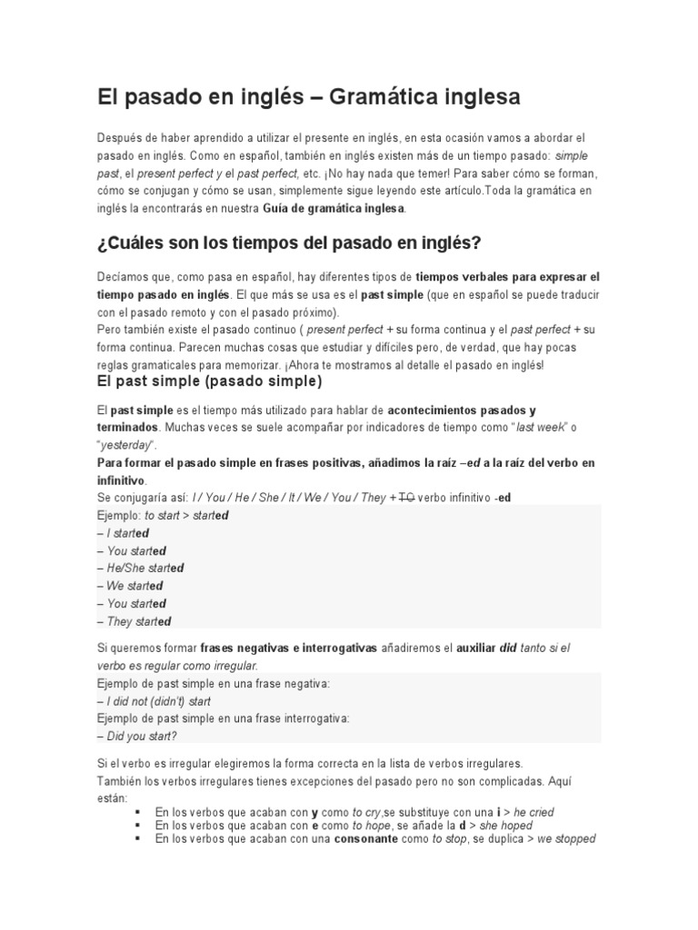 El pasado simple en inglés: guía práctica | PDF | Gramática inglesa ...
