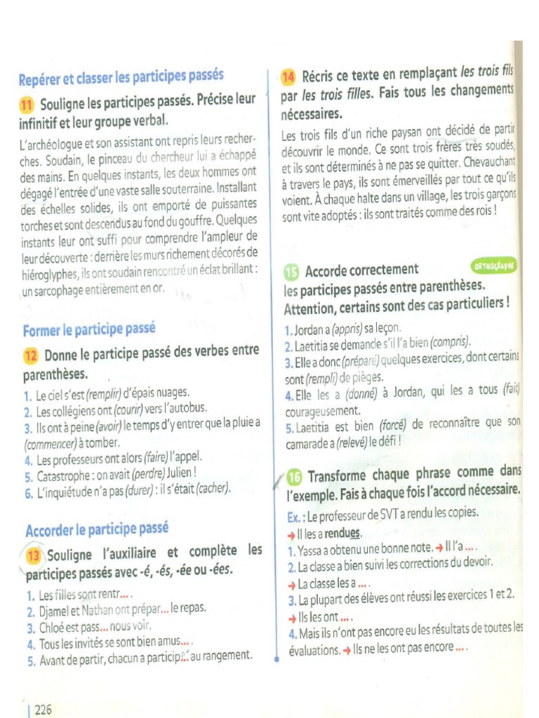 Exercice Participe Passé : 5ème Avec Correction Accords Du Participe Passé + PSR Exercices 5eme | PDF