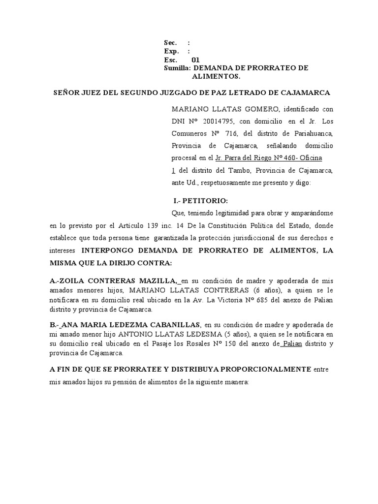 Demanda de Prorrateo de Alimentos 181105180409 | PDF | Principios