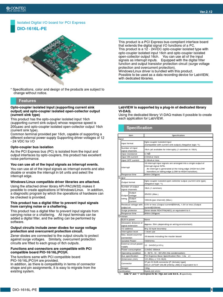 Dio 1616L Pe PDF Power Supply Input/Output