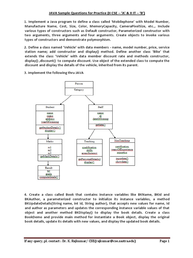 JAVA Sample Questions For Practice (II CSE - A' & II IT - B') | PDF ...