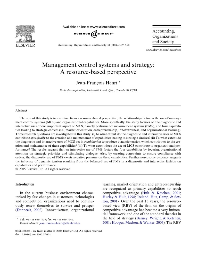 Management Control Systems and Strategy: A Resource-Based Perspective ...