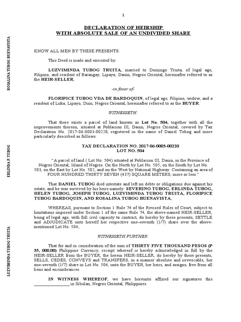 Declaration of Heirship and Sale | PDF | Civil Law (Legal System ...