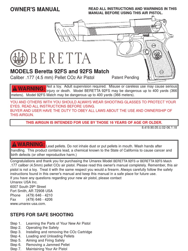 Beretta 92FS Owner's Manual | PDF | Trigger (Firearms) | Gun Barrel