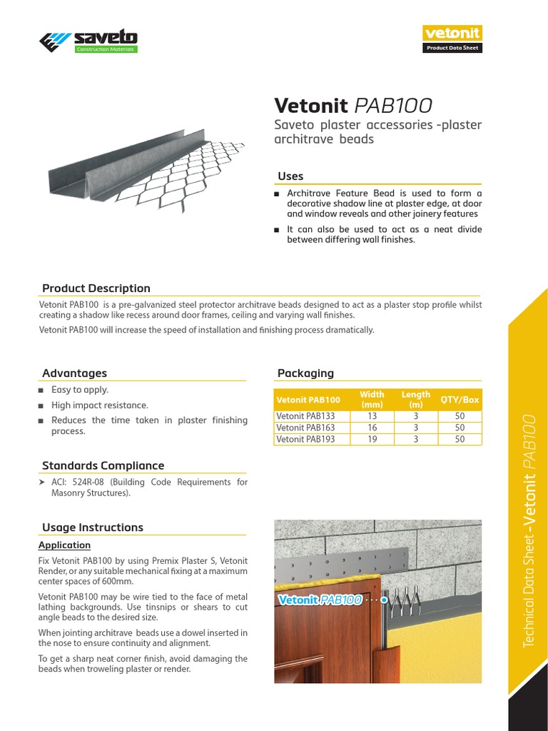Vetonit PAB100 Architrave Bead Data Sheet | PDF | Sheet Metal | Plaster
