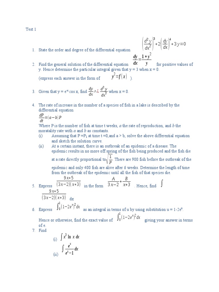 Test 1 | PDF | Equations | Differential Equations