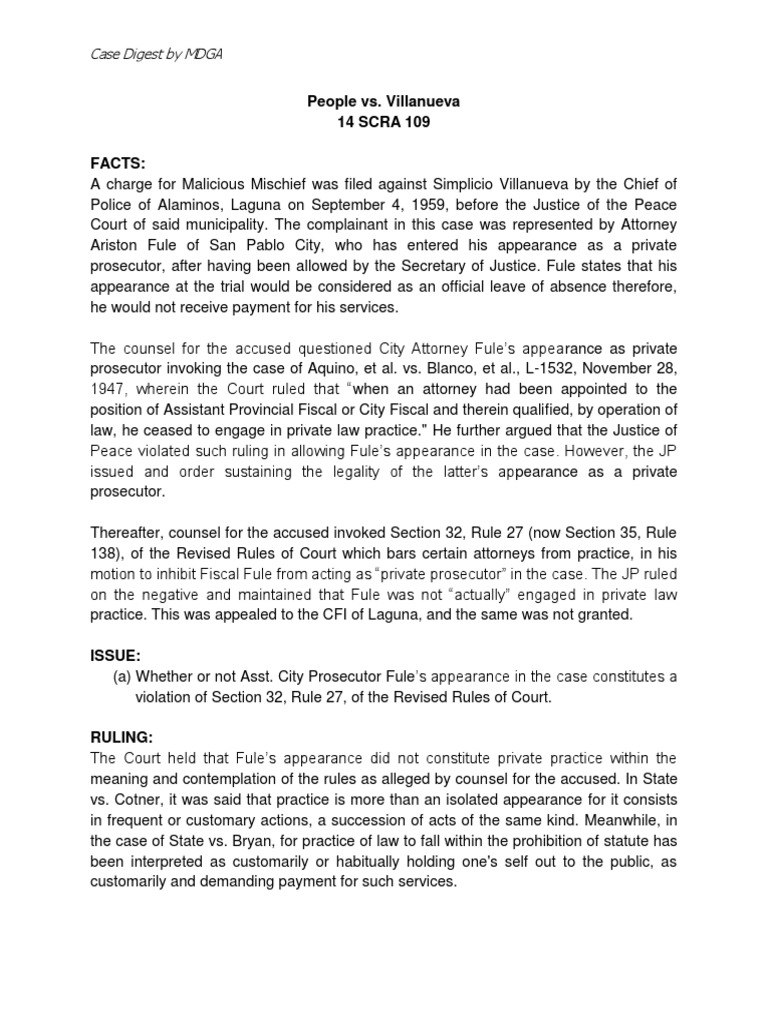 People vs villanueva 14 scra 109 facts case digest by mdga pdf