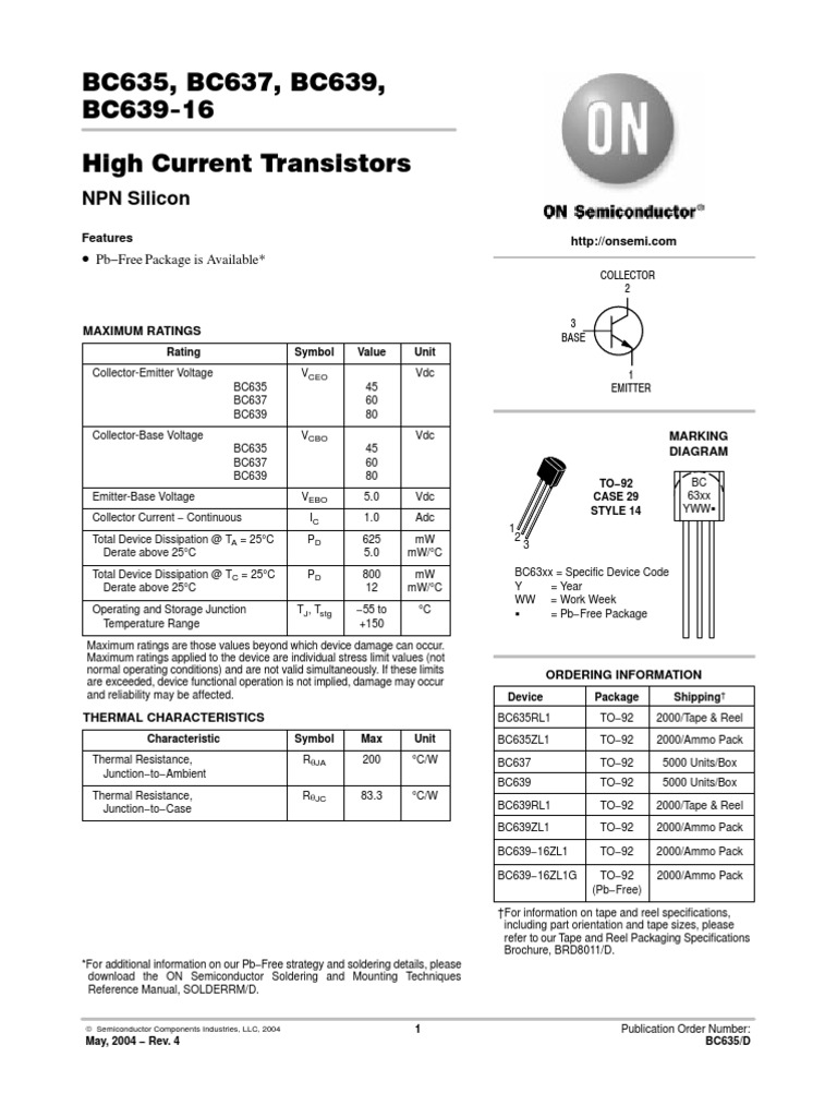 BC635, BC637, BC639, BC639 16 High Current Transistors: NPN Silicon | PDF