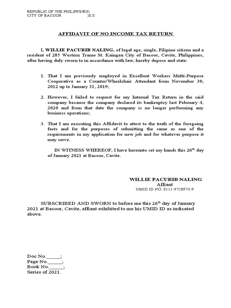 Affidavit of No Income Tax Return | PDF