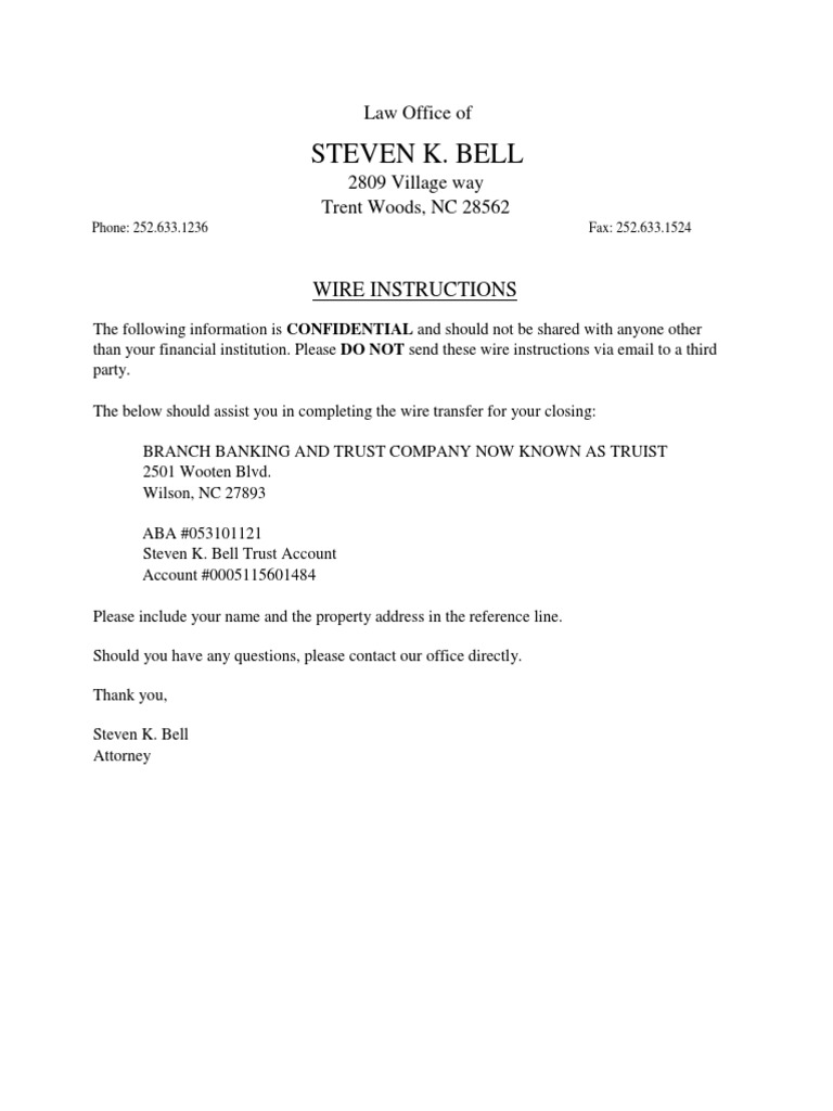 Wire Transfer Instructions for Closing | PDF