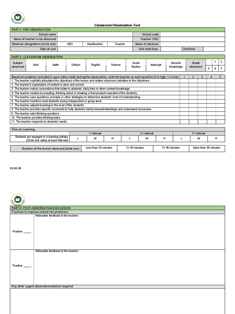 Updated Classroom Observation Tool | PDF | Classroom | Teachers