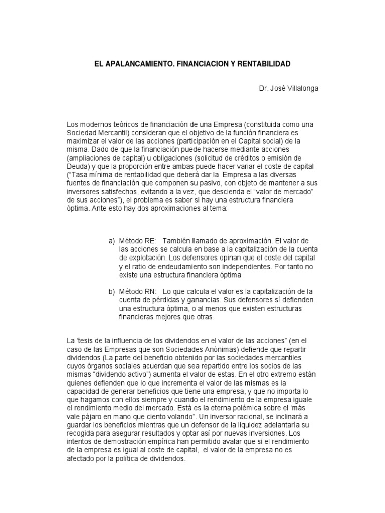 Apalancamiento y Rentabilidad Empresarial | PDF | Apalancamiento ...