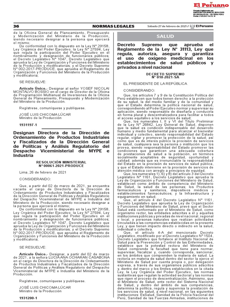 Reglamento de la Ley N° 31113 sobre oxígeno medicinal | PDF | Farmacia ...