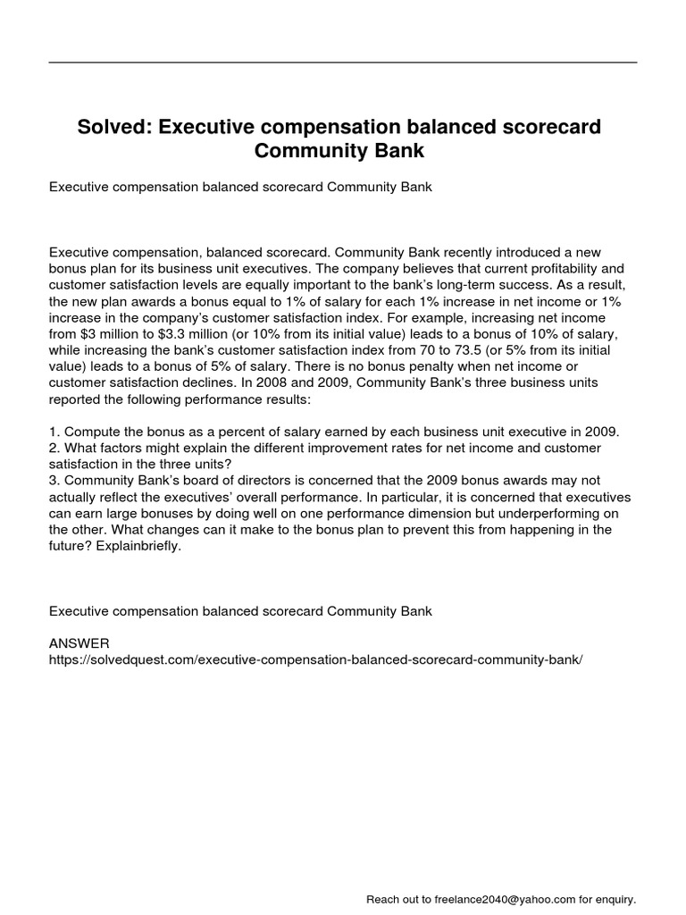 Executive Compensation Balanced Scorecard Community Bank | PDF ...