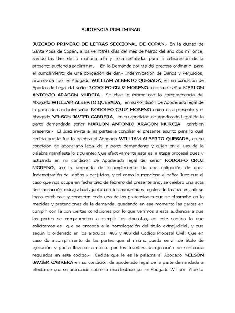 Audiencia Preliminar Codigo Procesal Civil PDF Justicia Crimen y