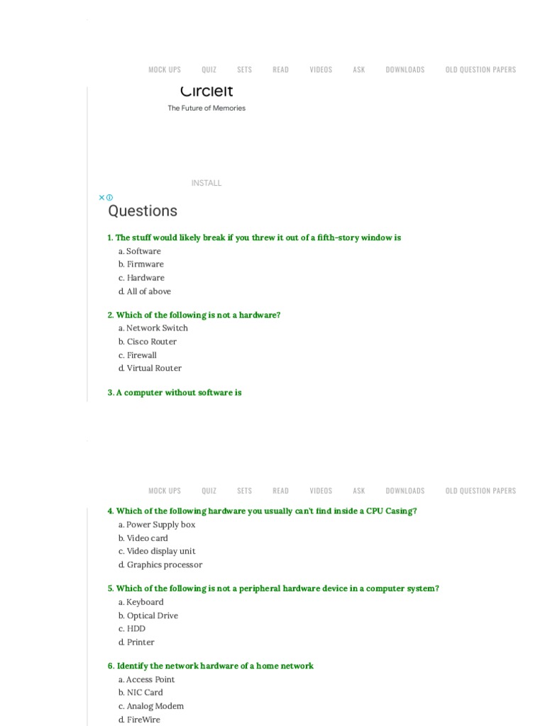Computer Hardware Concept MCQ Sets PDF Computer Hardware Input/Output