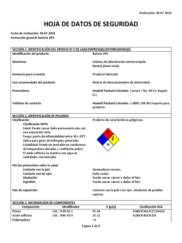 MSDS Batería UPS PDF Hidrógeno Dirigir