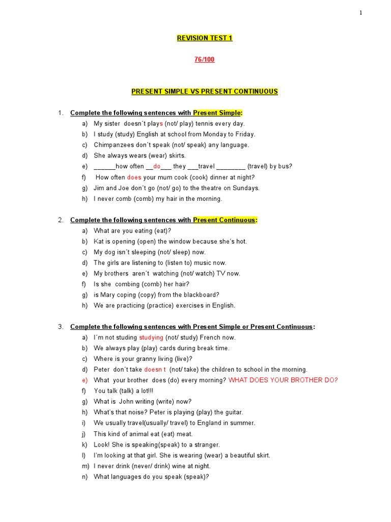 Present Simple vs Continuous Revision | PDF