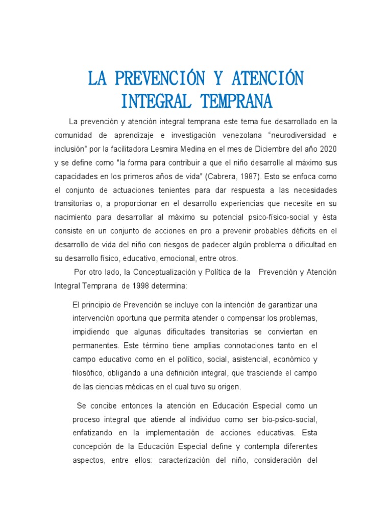 La Prevención Y Atención Integral Temprana Pdf Educación Especial