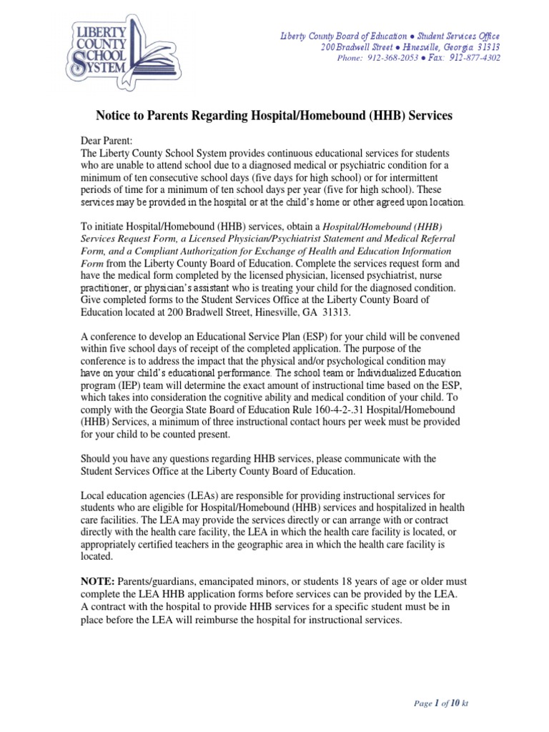 Notice To Parents Regarding Hospital/Homebound (HHB) Services PDF