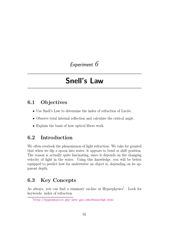 Snell's Law Experiment PDF Refraction Refractive Index