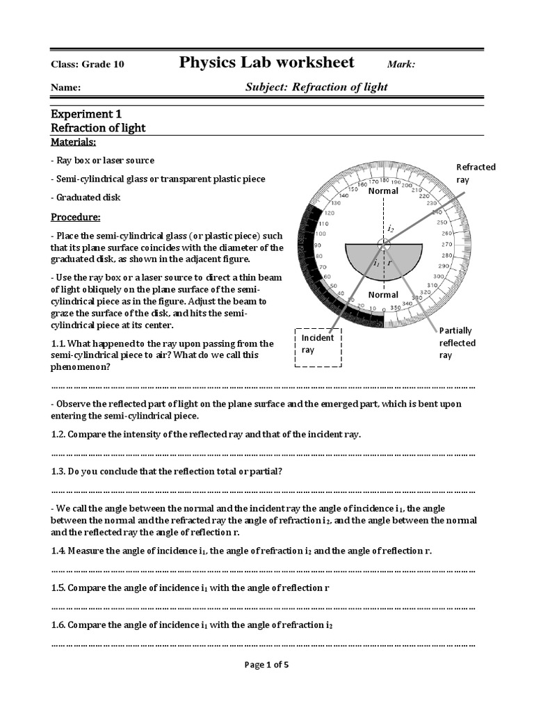 Physics Lab Worksheet Experiment 1 Refraction of Light PDF Prism