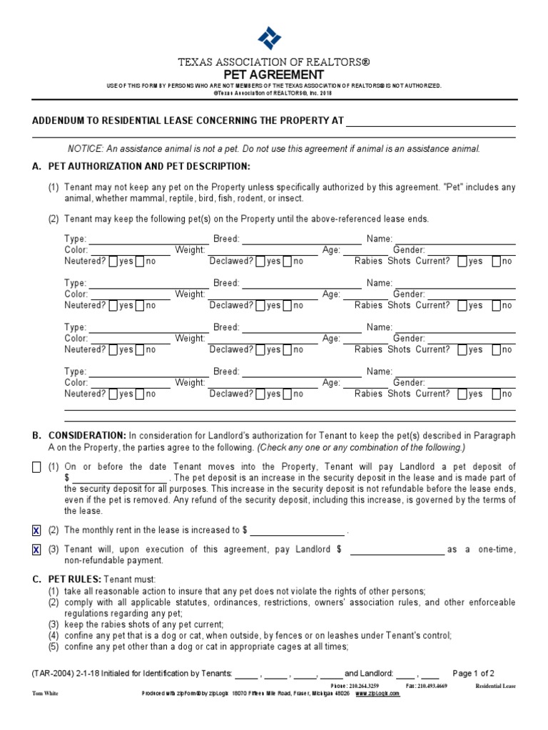 Texas Pet Agreement for Rentals | PDF | Lease | Leasehold Estate